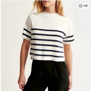 Abercrombie & Fitch White Short-Sleeve Knit Top with Navy Stripes